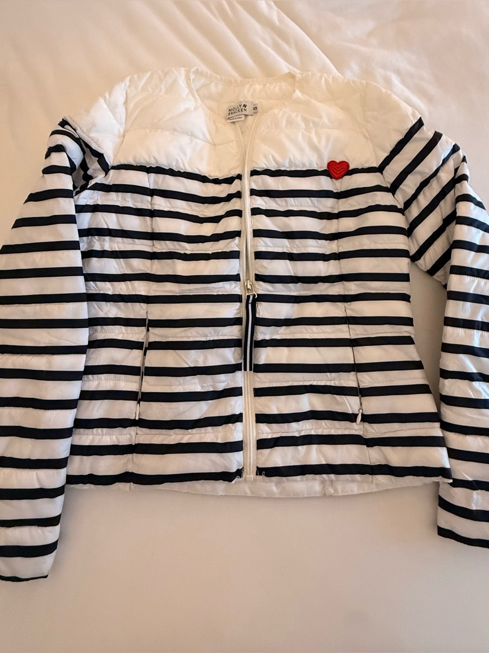 Molly Bracken Striped Puffer Jacket with Heart Patch - White & Black - Unbranded